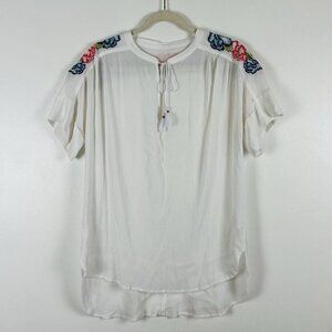 Lord & Taylor Embroidered White Blouse Sz L Short Sleeve Tunic Boho‎ Chic Beach